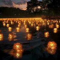 Candles on the river. Thousands of candles floating in the river. Loy Krathong festival in Chiang Mai, Thailand. AI Generative photo