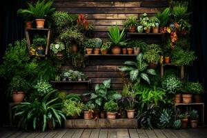 Collection of different plants in pots on wooden shelf. 3d rendering. AI Generative photo