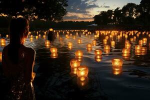 Candles on the river. Thousands of candles floating in the river. Loy Krathong festival in Chiang Mai, Thailand. AI Generative photo