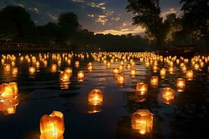 velas en el río. miles de velas flotante en el río. loy krathong festival en chiang Mai, tailandia ai generativo foto