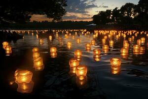 Candles on the river. Thousands of candles floating in the river. Loy Krathong festival in Chiang Mai, Thailand. AI Generative photo