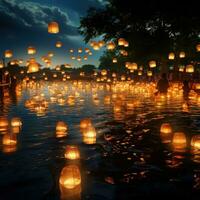 Candles on the river. Thousands of candles floating in the river. Loy Krathong festival in Chiang Mai, Thailand. AI Generative photo