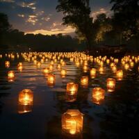 velas en el río. miles de velas flotante en el río. loy krathong festival en chiang Mai, tailandia ai generativo foto