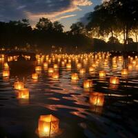 Candles on the river. Thousands of candles floating in the river. Loy Krathong festival in Chiang Mai, Thailand. AI Generative photo
