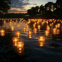 Candles on the river. Thousands of candles floating in the river. Loy Krathong festival in Chiang Mai, Thailand. AI Generative photo