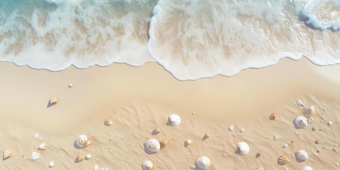 Aerial view of beautiful tropical beach with white sand and sea shells. Beach sand background with seashells and sand. Top view. AI Generative photo