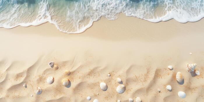 Aerial view of beautiful tropical beach with white sand and sea shells. Beach sand background with seashells and sand. Top view. AI Generative photo