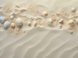 Aerial view of beautiful tropical beach with white sand and sea shells. Beach sand background with seashells and sand. Top view. AI Generative photo