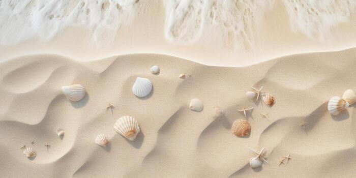 Aerial view of beautiful tropical beach with white sand and sea shells. Beach sand background with seashells and sand. Top view. AI Generative photo