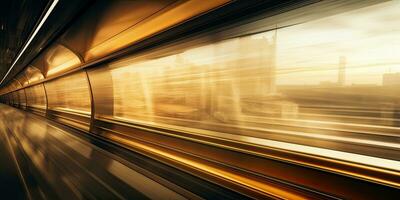 Motion blur of a train moving through the sand dunes at sunset. AI Generative photo