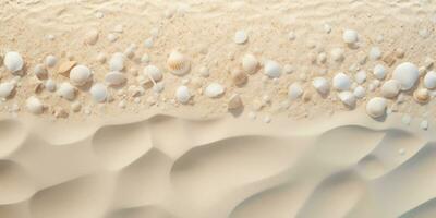 Aerial view of beautiful tropical beach with white sand and sea shells. Beach sand background with seashells and sand. Top view. AI Generative photo