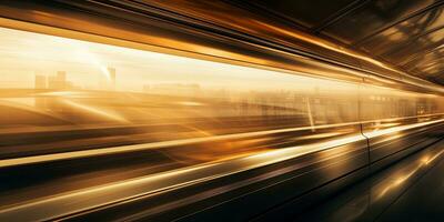 Motion blur of a train moving through the sand dunes at sunset. AI Generative photo