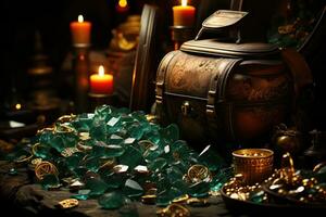 Treasure chest with gold coins and green emeralds on dark background. AI Generative photo