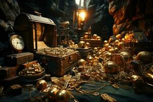 Treasure chest with gold coins and green emeralds on dark background. AI Generative photo