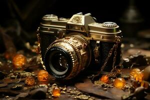 Treasure chest with gold coins and green emeralds on dark background. AI Generative photo