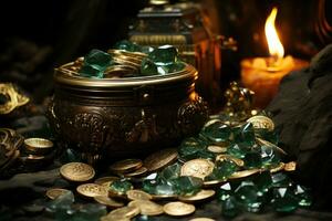 Treasure chest with gold coins and green emeralds on dark background. AI Generative photo