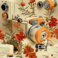 Retro camera with flowers and leaves on the background. 3d illustration. AI Generative photo