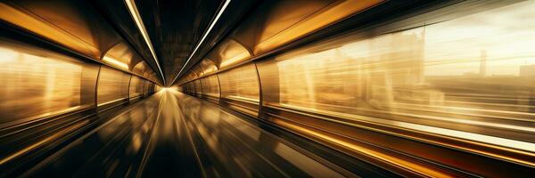 Motion blur of a train moving through the sand dunes at sunset. AI Generative photo