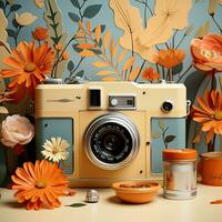 Retro camera with flowers and leaves on the background. 3d illustration. AI Generative photo