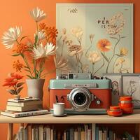 Retro camera with flowers and leaves on the background. 3d illustration. AI Generative photo