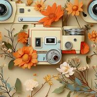 Retro camera with flowers and leaves on the background. 3d illustration. AI Generative photo
