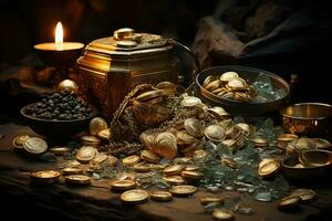 Treasure chest with gold coins and green emeralds on dark background. AI Generative photo