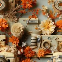 Retro camera with flowers and leaves on the background. 3d illustration. AI Generative photo