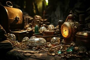 Treasure chest with gold coins and green emeralds on dark background. AI Generative photo