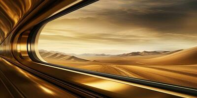 Motion blur of a train moving through the sand dunes at sunset. AI Generative photo