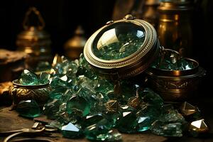 Treasure chest with gold coins and green emeralds on dark background. AI Generative photo