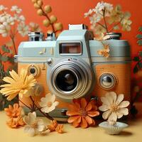 Retro camera with flowers and leaves on the background. 3d illustration. AI Generative photo