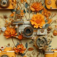 Retro camera with flowers and leaves on the background. 3d illustration. AI Generative photo