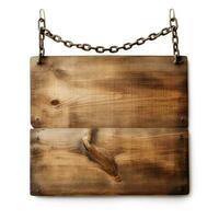 Wooden sign with chain isolated on white background. Clipping path included.  AI Generative photo