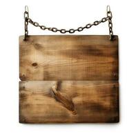 Wooden sign with chain isolated on white background. Clipping path included.  AI Generative photo