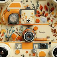 Retro camera with flowers and leaves on the background. 3d illustration. AI Generative photo