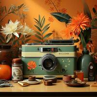 Retro camera with flowers and leaves on the background. 3d illustration. AI Generative photo