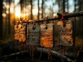 Old rusty wooden breakwaters in the forest. Shallow depth of field. AI Generative photo