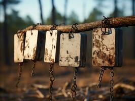 Old rusty wooden breakwaters in the forest. Shallow depth of field. AI Generative photo