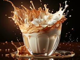 Cup of coffee, chocolate milk, caramel with milk splash on dark background, closeup. AI Generative photo