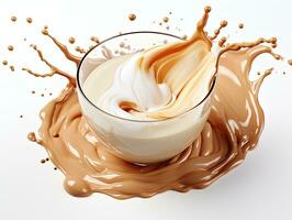 taza de café, chocolate leche, caramelo con Leche chapoteo en blanco fondo, de cerca. ai generativo foto