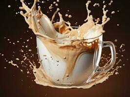 Cup of coffee, chocolate milk, caramel with milk splash on dark background, closeup. AI Generative photo