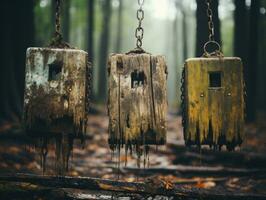 Old rusty wooden breakwaters in the forest. Shallow depth of field. AI Generative photo