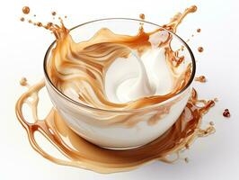 Cup of coffee, chocolate milk, caramel with milk splash on white background, closeup. AI Generative photo