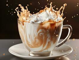 Cup of coffee, chocolate milk, caramel with milk splash on dark background, closeup. AI Generative photo