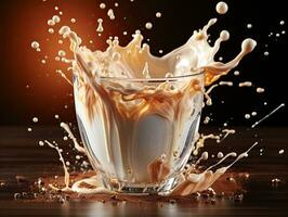 Cup of coffee, chocolate milk, caramel with milk splash on dark background, closeup. AI Generative photo