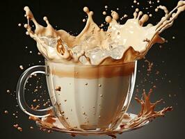 Cup of coffee, chocolate milk, caramel with milk splash on dark background, closeup. AI Generative photo