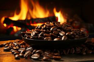 Roasted coffee beans in a ceramic bowl on a wooden background. AI Generative photo