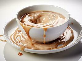 Cup of coffee, chocolate milk, caramel with milk splash on white background, closeup. AI Generative photo