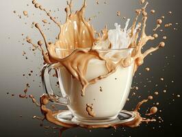 Cup of coffee, chocolate milk, caramel with milk splash on dark background, closeup. AI Generative photo