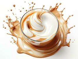 Cup of coffee, chocolate milk, caramel with milk splash on white background, closeup. AI Generative photo